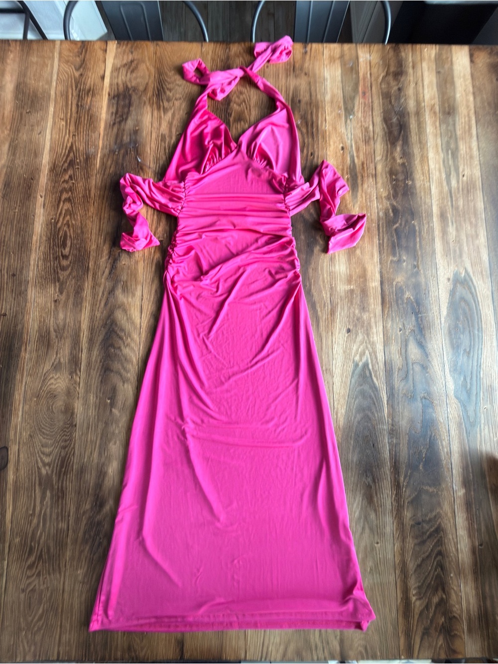 Altar'd State Hot Pink Halter Ruched Maxi Dress